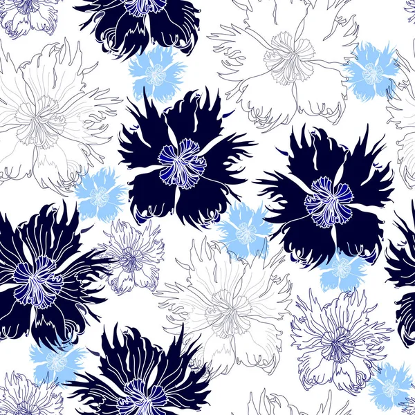 Patrón sin costuras con flores azules sobre un fondo blanco. Textura floral dibujada a mano . — Vector de stock