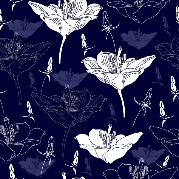 Patrón sin costuras con flores blancas sobre un fondo azul. Textura floral dibujada a mano . — Vector de stock