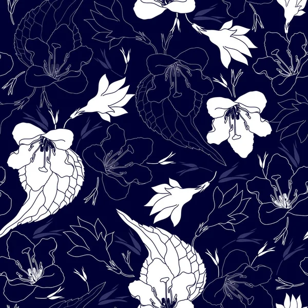Naadloze patroon met witte bloemen op een blauwe achtergrond. Hand getrokken floral textuur. — Stockvector