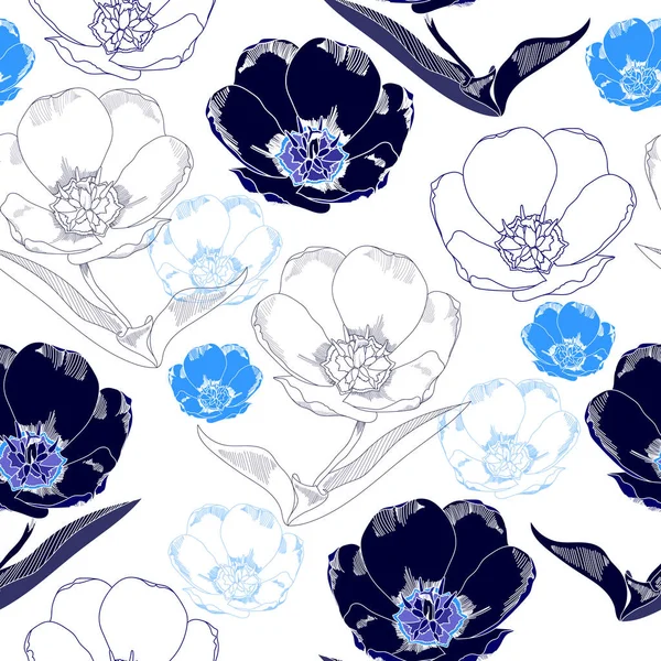 Patrón sin costuras con flores azules sobre un fondo blanco. Textura floral dibujada a mano . — Vector de stock