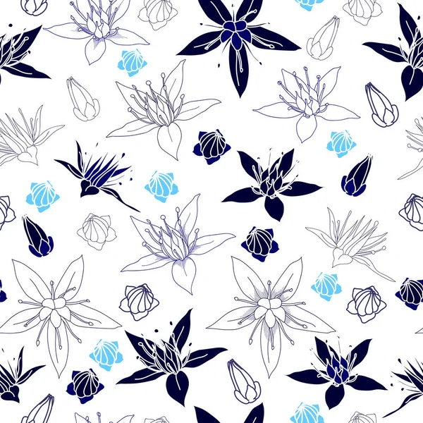 Patrón sin costuras con flores azules sobre un fondo blanco. Textura floral dibujada a mano . — Vector de stock