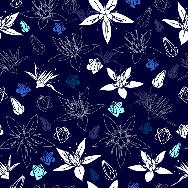 Vzor bezešvé s bílými květy na modrém pozadí. Ručně kreslenou květinová textury. — Stockový vektor