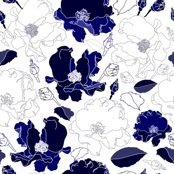 Naadloze patroon met blauwe bloemen op een witte achtergrond. Hand getrokken floral textuur. — Stockvector