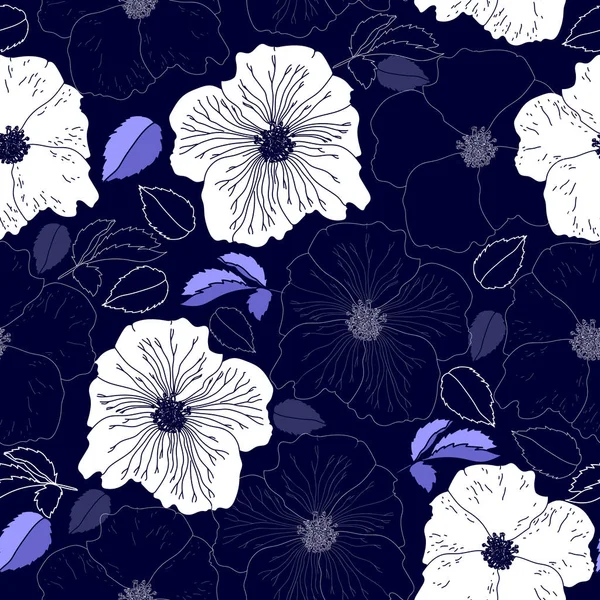 Naadloze patroon met witte bloemen op een blauwe achtergrond. Hand getrokken floral textuur. — Stockvector