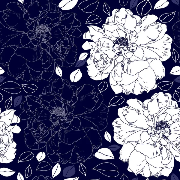 Patrón sin costuras con flores blancas sobre un fondo azul. Textura floral dibujada a mano . — Vector de stock