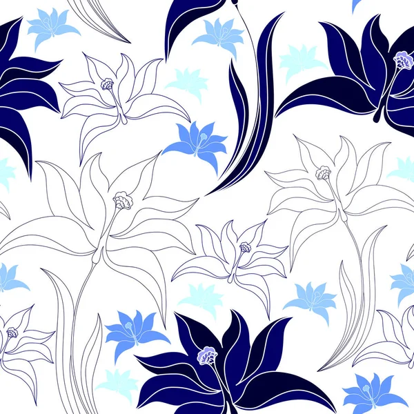 Patrón sin costuras con flores azules sobre un fondo blanco. Textura floral dibujada a mano . — Vector de stock