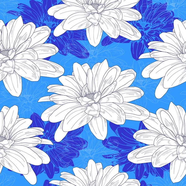 Seamless pattern with white flowers on a blue background. Hand drawn floral texture. — Stock Vector
