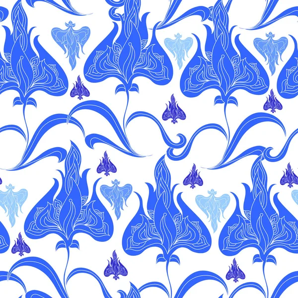 Patrón sin costuras con flores azules sobre un fondo blanco. Textura floral dibujada a mano . — Vector de stock