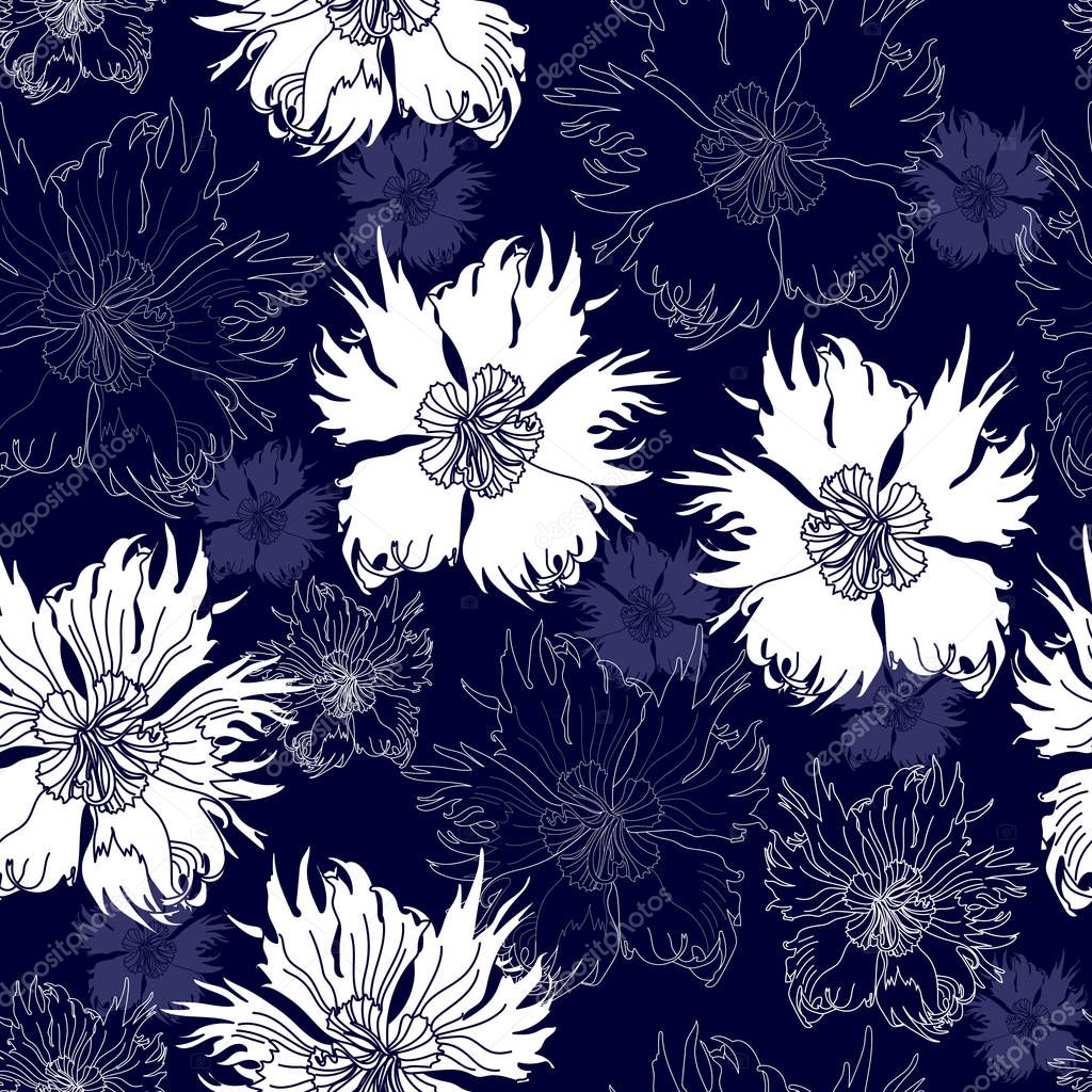 Seamless pattern with white flowers on a blue background. Hand drawn floral texture.