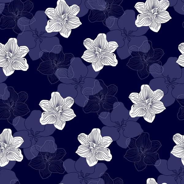 Wzór z białych kwiatów na niebieskim tle. Ręcznie rysowane tekstury kwiatowy. — Wektor stockowy
