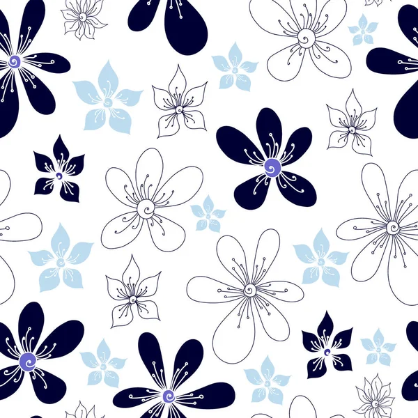 Seamless pattern with blue flowers on a white background. Hand drawn floral texture. — Stock Vector