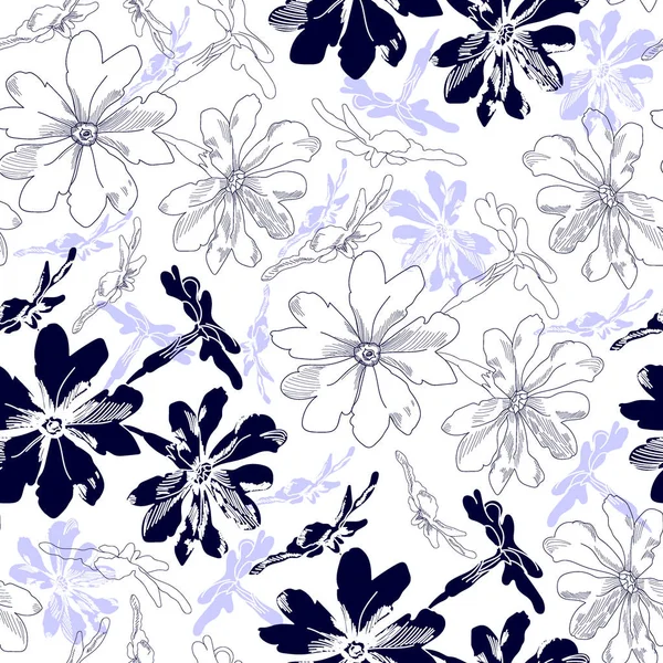 Patrón sin costuras con flores azules sobre un fondo blanco. Textura floral dibujada a mano . — Archivo Imágenes Vectoriales