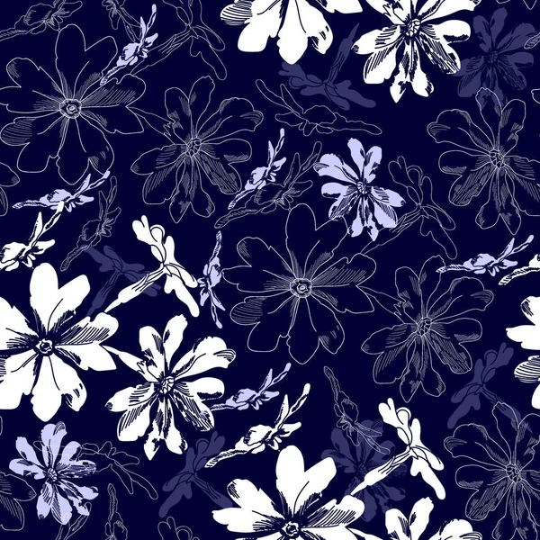 Padrão sem costura com flores brancas em um fundo azul. Textura floral desenhada à mão . — Vetor de Stock