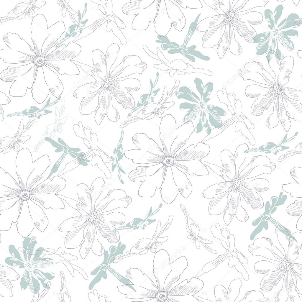 Floral seamless pattern. Vector background with flowers. Hand drawn artwork for textiles, fabrics, souvenirs, packaging and greeting cards.