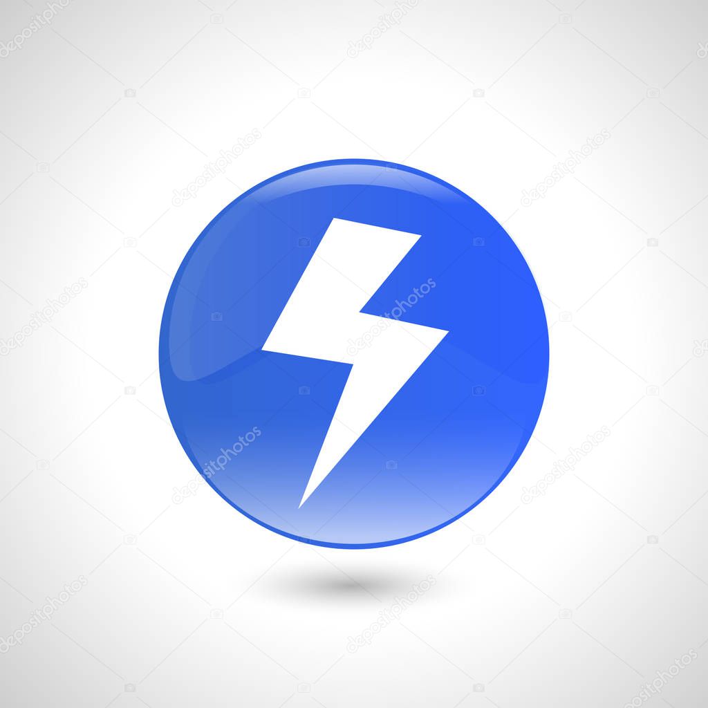 Blue round button with lightning icon for web design.