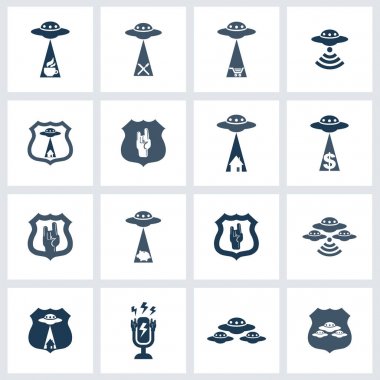 UFO icon set. Design elements collection. Vector logo with flying saucer. clipart