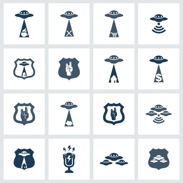 UFO Ikonuppsättning. Design element samling. Vektor logotypen med flygande tefat. — Stock vektor