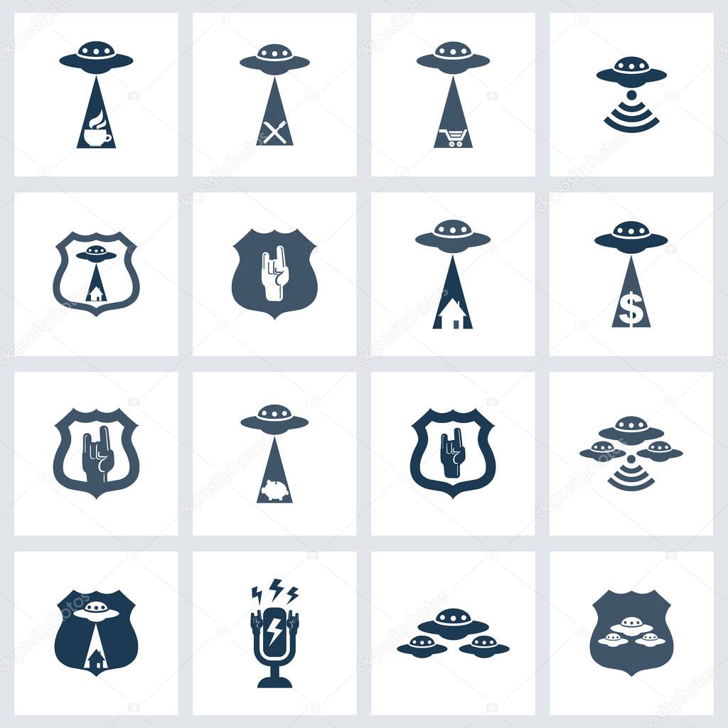 UFO icon set. Design elements collection. Vector logo with flying saucer.
