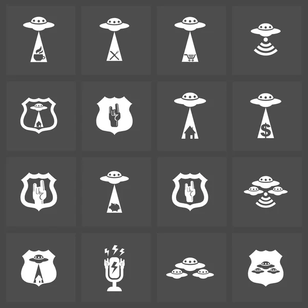 UFO Ikonuppsättning. Design element samling. Vektor logotypen med flygande tefat. — Stock vektor