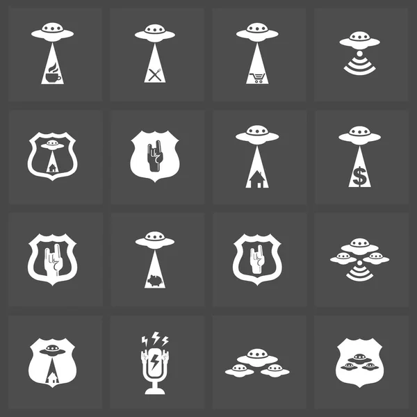 UFO Icon set. Tasarım öğeleri koleksiyonu. Uçan daire ile vektör logo.