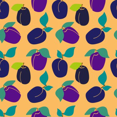 Sarı zemin üzerinde yeşil yapraklar ve erikler olan pürüzsüz bir desen. Vektör arkaplanı. Taze meyve. Erik deseni. Erik vektörü