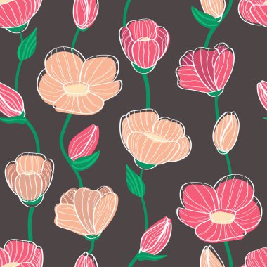 Floral seamless pattern of flowers and buds. linear flowers. for textile and background. pink curly flowers on a brown background. seamless pattern with pink flowers