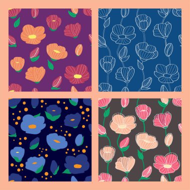 floral seamless pattern template set for textile and background. bright multi-colored flowers