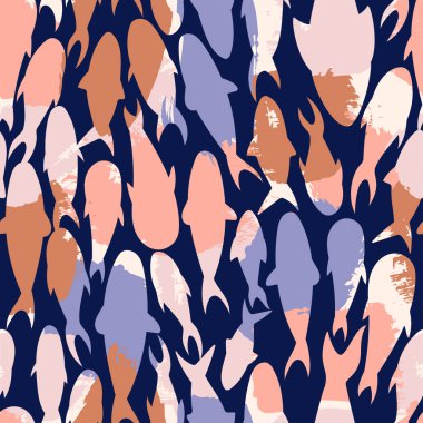 Kusursuz desenli balık siluetleri. Bir balık sürüsüyle kusursuz bir desen. Küçük balık siluetleri olan duvar kağıtları. doku efekti