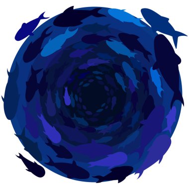 Çemberin içinde balık sürüsü. Okyanusta grup halinde yüzen deniz balığı sürüsü. Vektör görüntüsü. Suyun altında. Klasik mavi