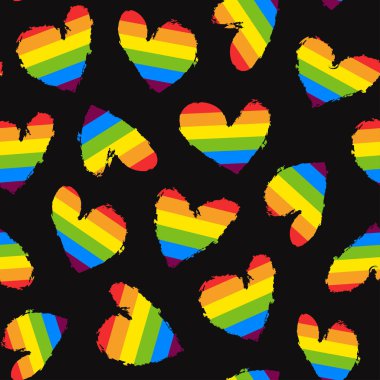 Kusursuz Igbt kalp deseni. Siyah arka planda Lgbt kalp, vektör. el çizimi Valentine grunge kalpleri lgbt bayrağı renginde