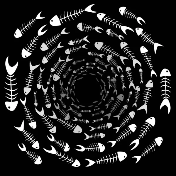 School White Fish Skeletons Floating Circle Black Background Horrific Concept — Stock Vector