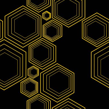 Kartlar, tekstil ve tekstil için doğrusal bir arkaplan üzerinde altın altıgen ve çokgenli kusursuz desen