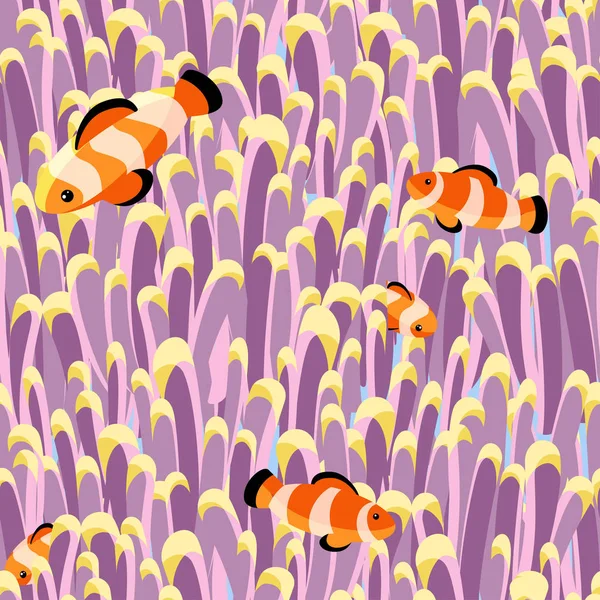 Seamless Pattern Clown Fish Swiming Pink Purple Coral Blue Background — 스톡 벡터
