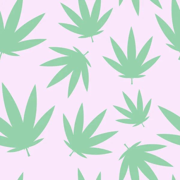 淡緑色の大麻模様がピンクの背景にシームレスに 大麻の葉のパターンカード プリント テキスタイルや背景のために化粧品の包装に — ストックベクタ