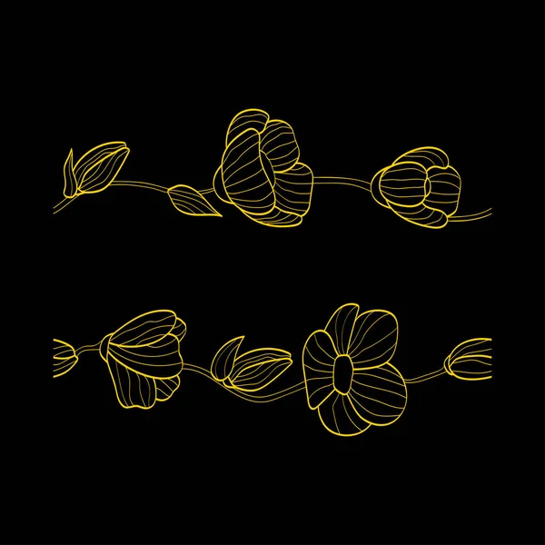 Kusursuz Çiçek Süsleme Elementleri Siyah Arka Planda Altın Doğrusal Çiçekler — Stok Vektör