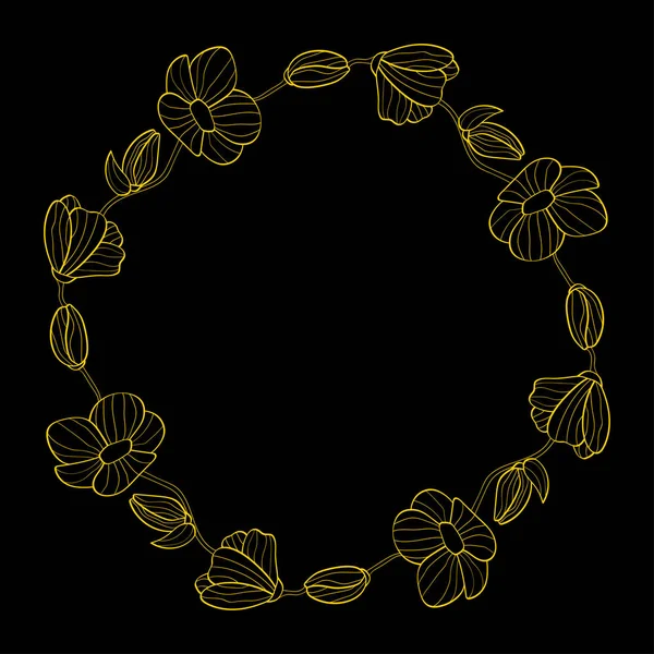 Couronne Fleurs Bourgeons Linéaires Sur Fond Noir Place Pour Votre — Image vectorielle