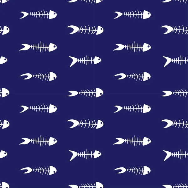 Seamless Pattern White Skeletons Fish Dark Blue Background Concept Magic — Stock Vector