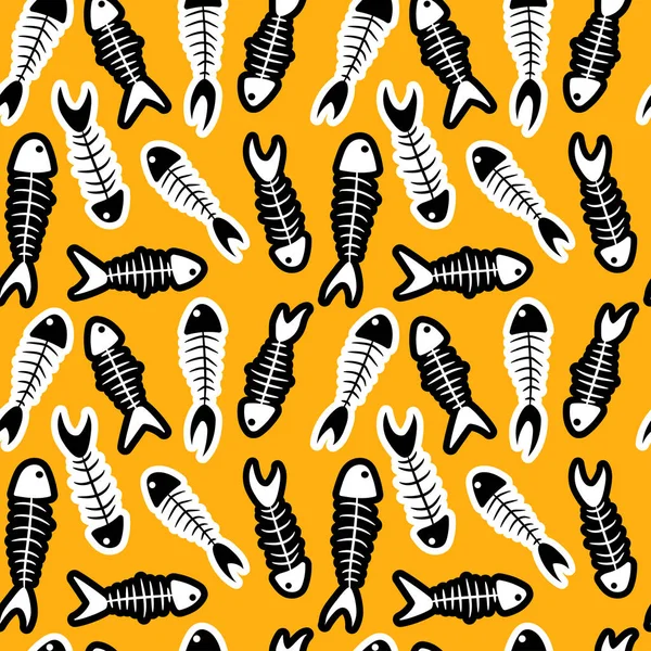 Fish Skeleton Stickers Pattern Yellow Background Cartoon Seamless Pattern Concept — 스톡 벡터