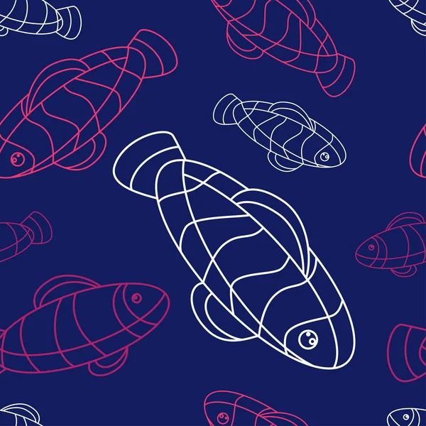 Seamless Pattern Fish White Pink Linear Fish Dark Blue Background — 스톡 벡터
