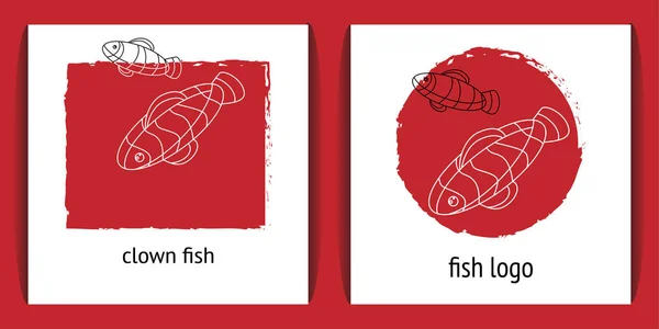 Conjunto Dois Logotipos Com Peixes Lineares Sobre Fundo Abstrato Vermelho — Vetor de Stock