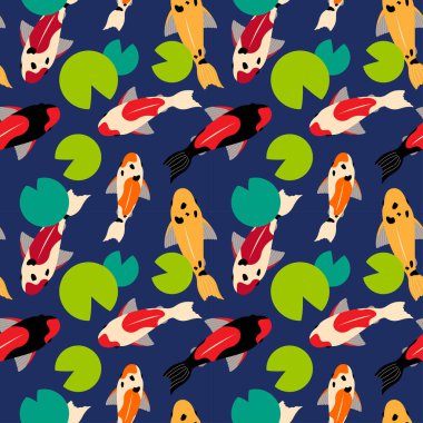 seamless pattern with koi carps of different colors floating in the water. green water lilies. for paper, cover, fabric, interior decor and other users