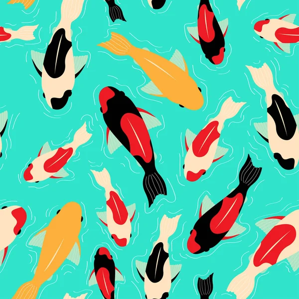 Seamless Pattern Koi Carps Different Colors Floating Water White Circles — 스톡 벡터