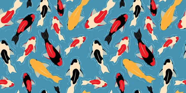 Seamless Pattern Koi Carps Different Colors Floating Blue Water White — 스톡 벡터