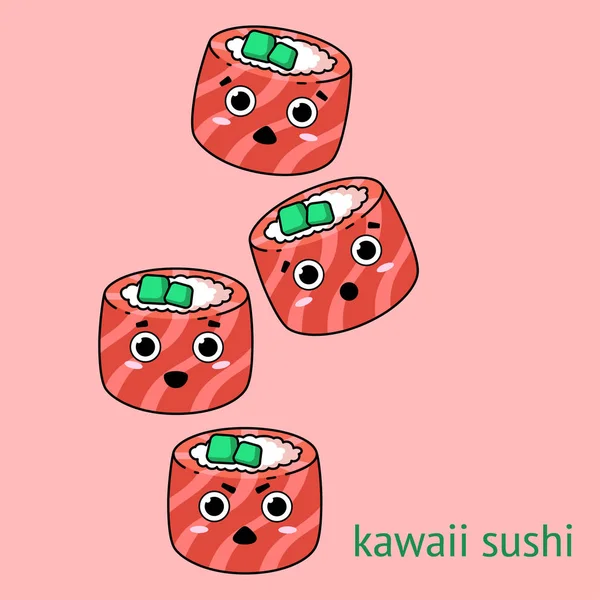Illustration Kawaii Sushi Philadelphia Rolls Different Emotions Japanese Food Pink — Stock Vector