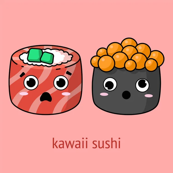 Illustration Kawaii Sushi Philadelphia Rolls Different Emotions Sushi Caviar Japanese — Stock vektor