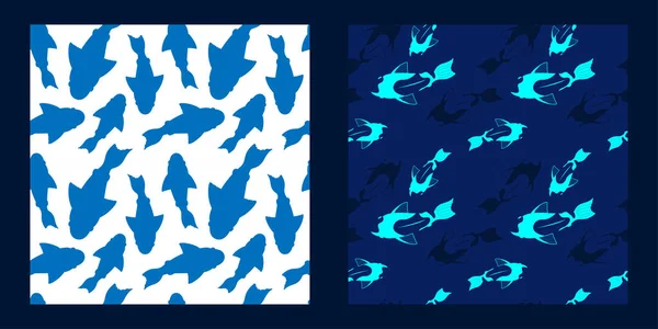 Conjunto Dois Padrões Sem Costura Com Silhuetas Peixes Azuis Com —  Vetores de Stock