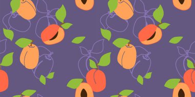 Kayısı hamurlu, şeftalili, pürüzsüz bir desen. mor arka plan. Moda el yapımı kumaşlar. Kağıt, kapak, kumaş, iç dekorasyon ve diğer kullanıcılar için modern soyut tasarım.