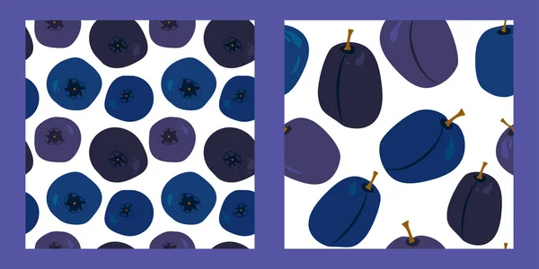 Zwei Nahtlose Muster Mit Blaubeeren Heidelbeeren Und Pflaumen Auf Weißem — Stockvektor
