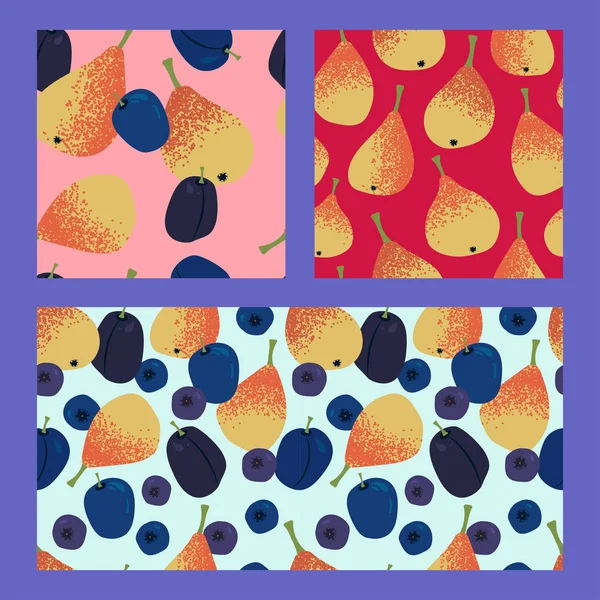 Three Mix Fruit Seamless Pattern Yellow Orange Pears Blueberries Bilberry — Stock Vector