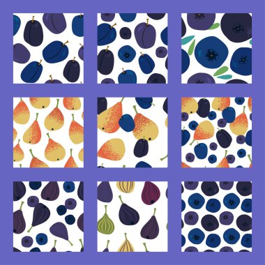 Sulu sarı-portakallı armut, yaban mersini, incir, yaban mersini ve erikli dokuz egzotik meyvesiz şablon. Kağıt, kapak, kumaş, iç dekorasyon için modern soyut tasarım